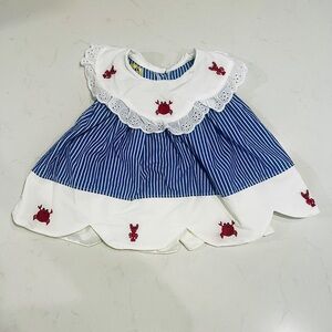 Blue and White Striped Dress with Red Crab Embroidery